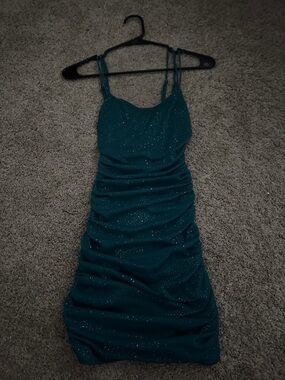 Lucy in the Sky Teal Sparkle Ruched Spaghetti-Strap Mini Dress